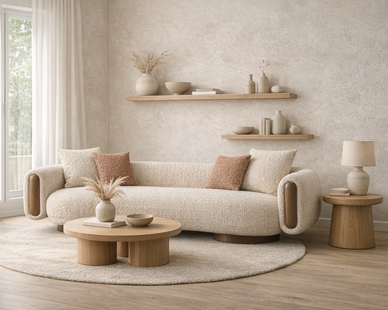 Ovolo 3-Seater Curved Sofa in beige textured fabric with rounded arms, wooden accents, and modern sculptural base