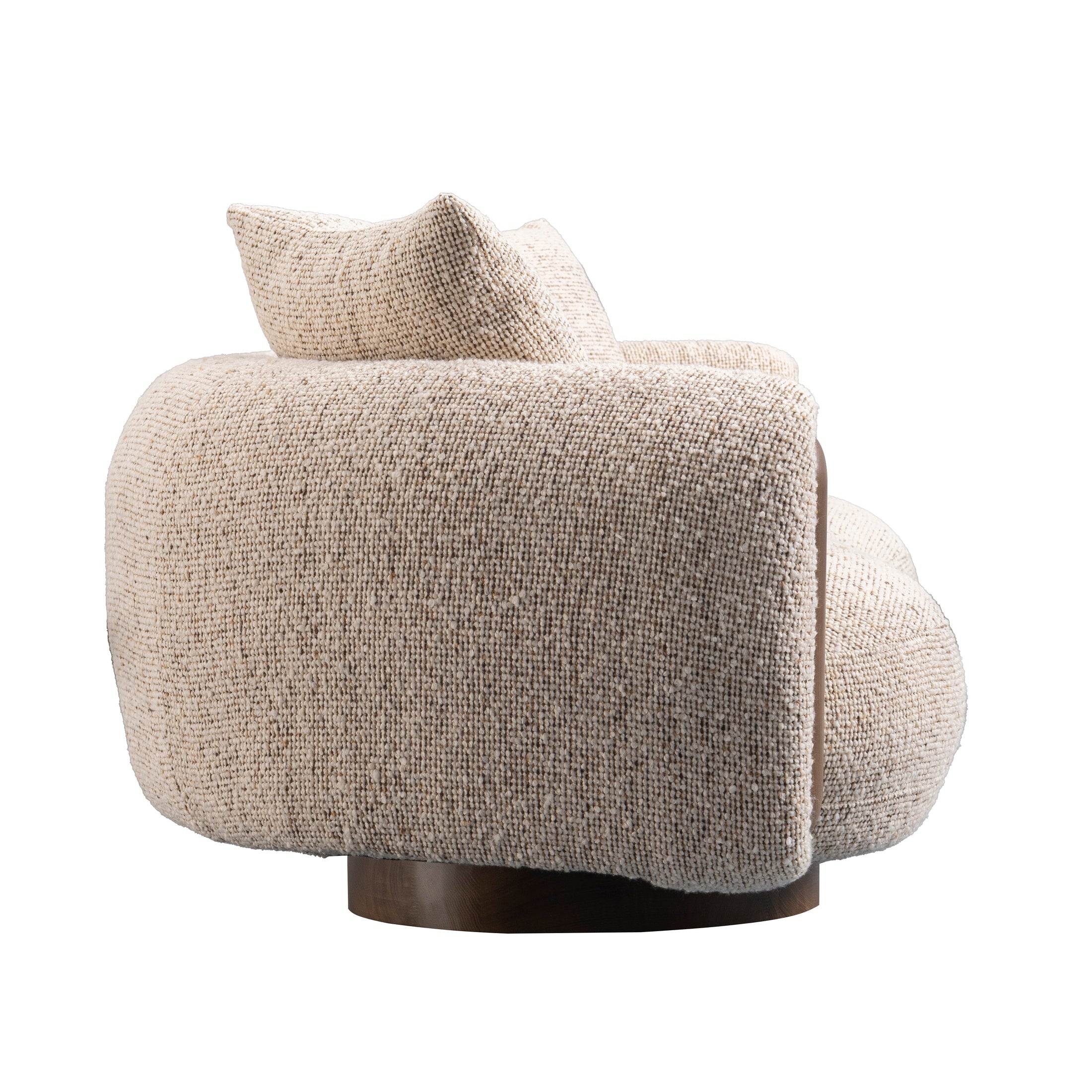 Ovolo 3-Seater Curved Sofa in beige textured fabric with rounded arms, wooden accents, and modern sculptural base