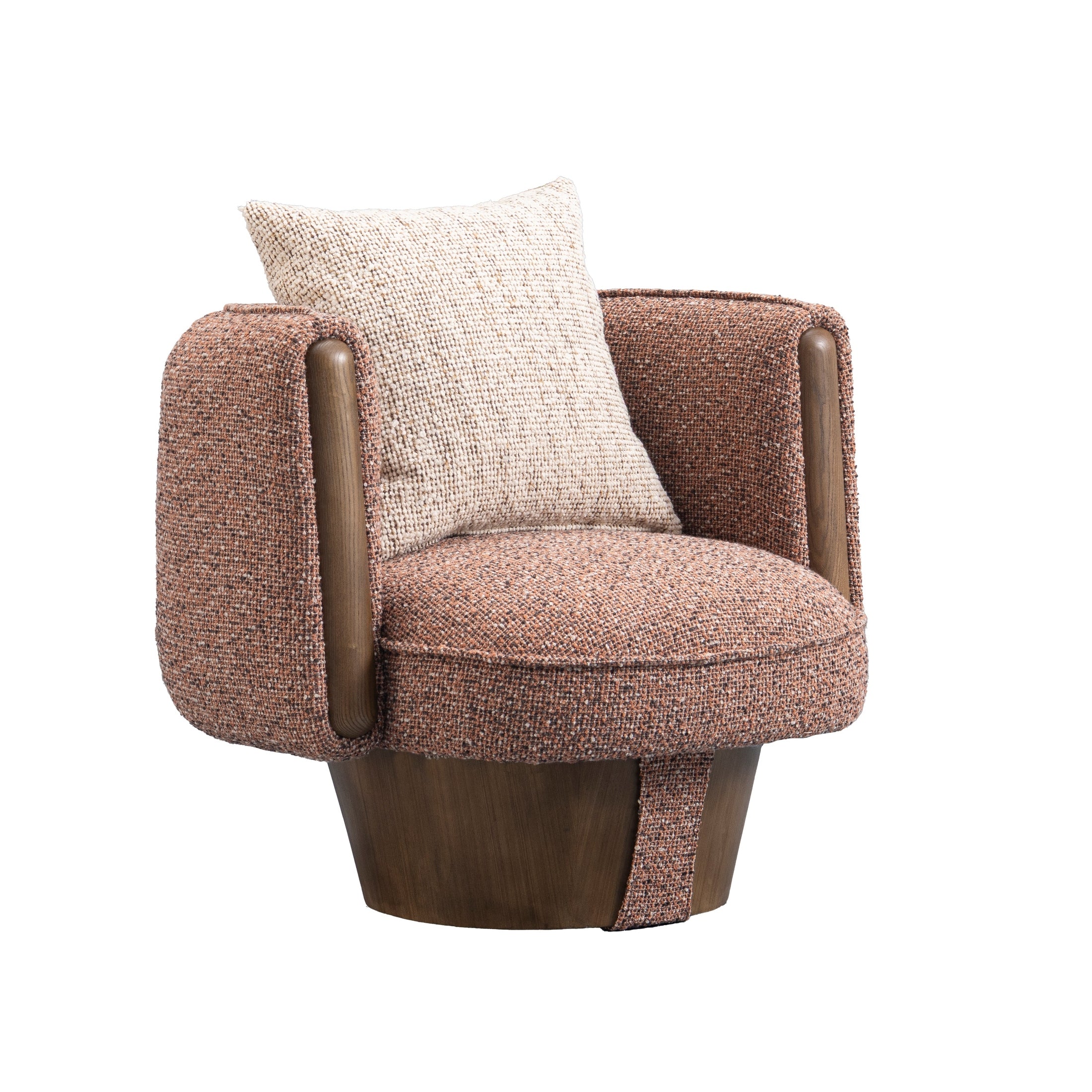 Front view of the Ovolo chair in rust-toned textured bouclé featuring integrated wood petal armrests and a tapered walnut swivel base