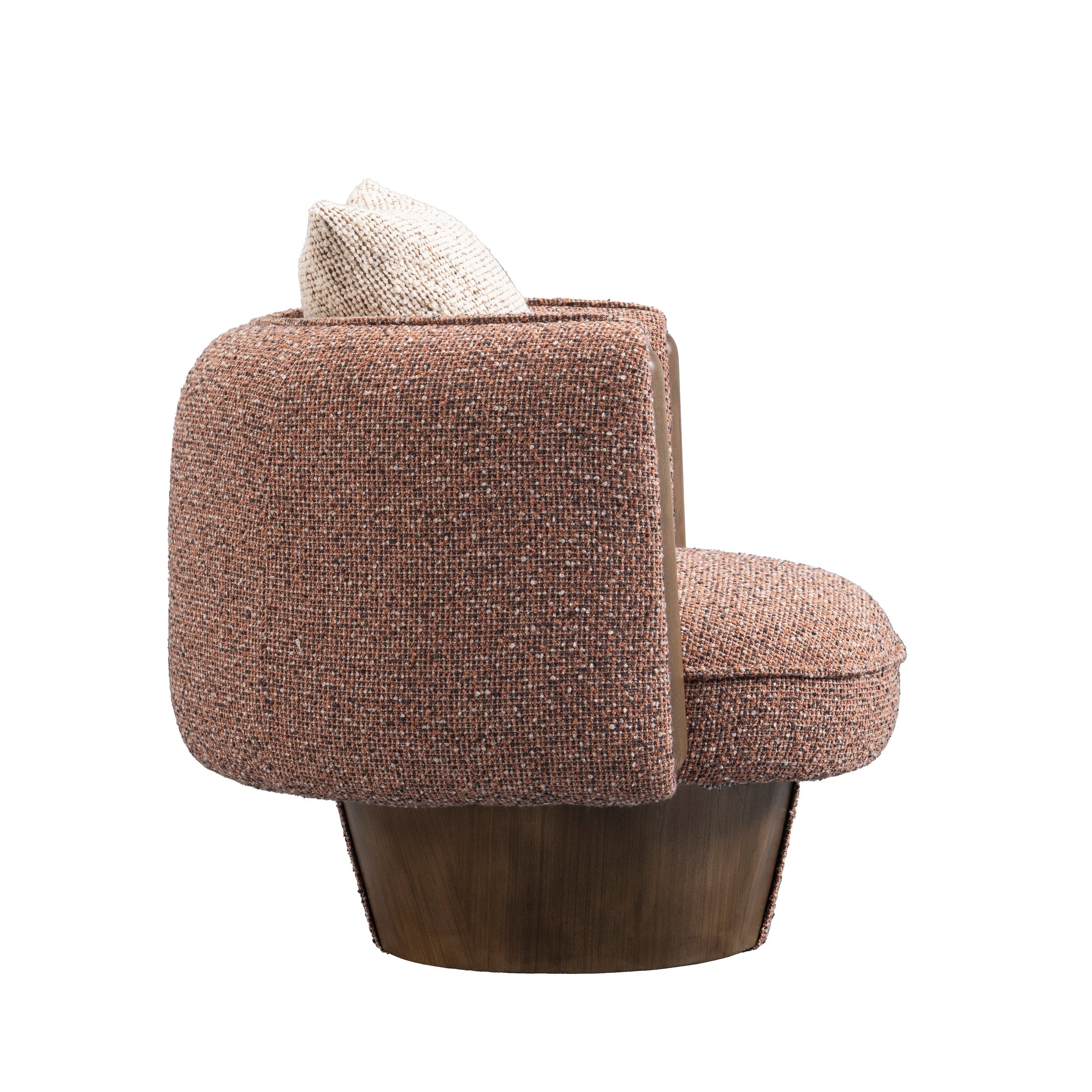 Front view of the Ovolo chair in rust-toned textured bouclé featuring integrated wood petal armrests and a tapered walnut swivel base