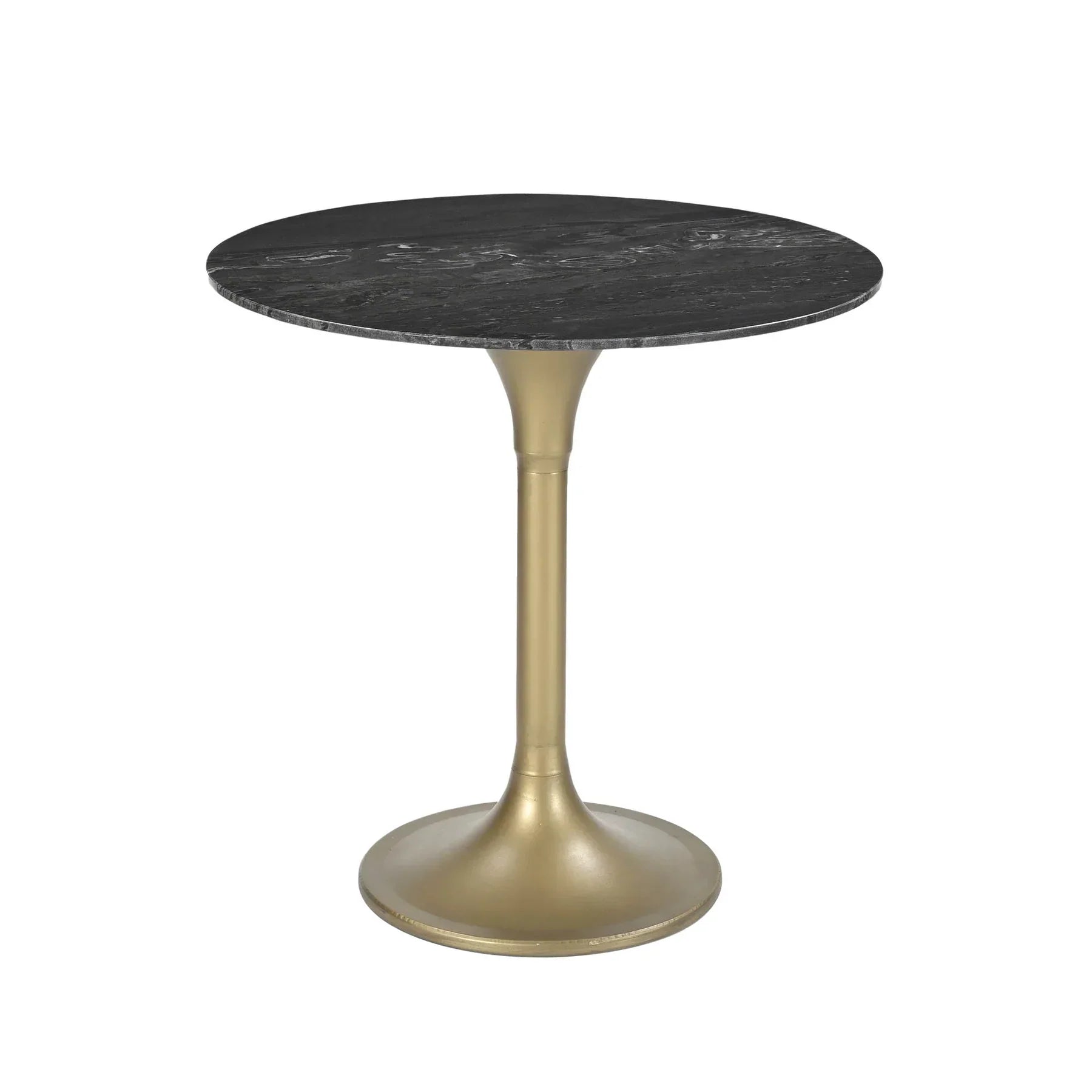 Front view of the Pandora bistro table featuring a circular Italian black marble top and a brushed gold tulip pedestal base