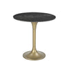 Front view of the Pandora bistro table featuring a circular Italian black marble top and a brushed gold tulip pedestal base
