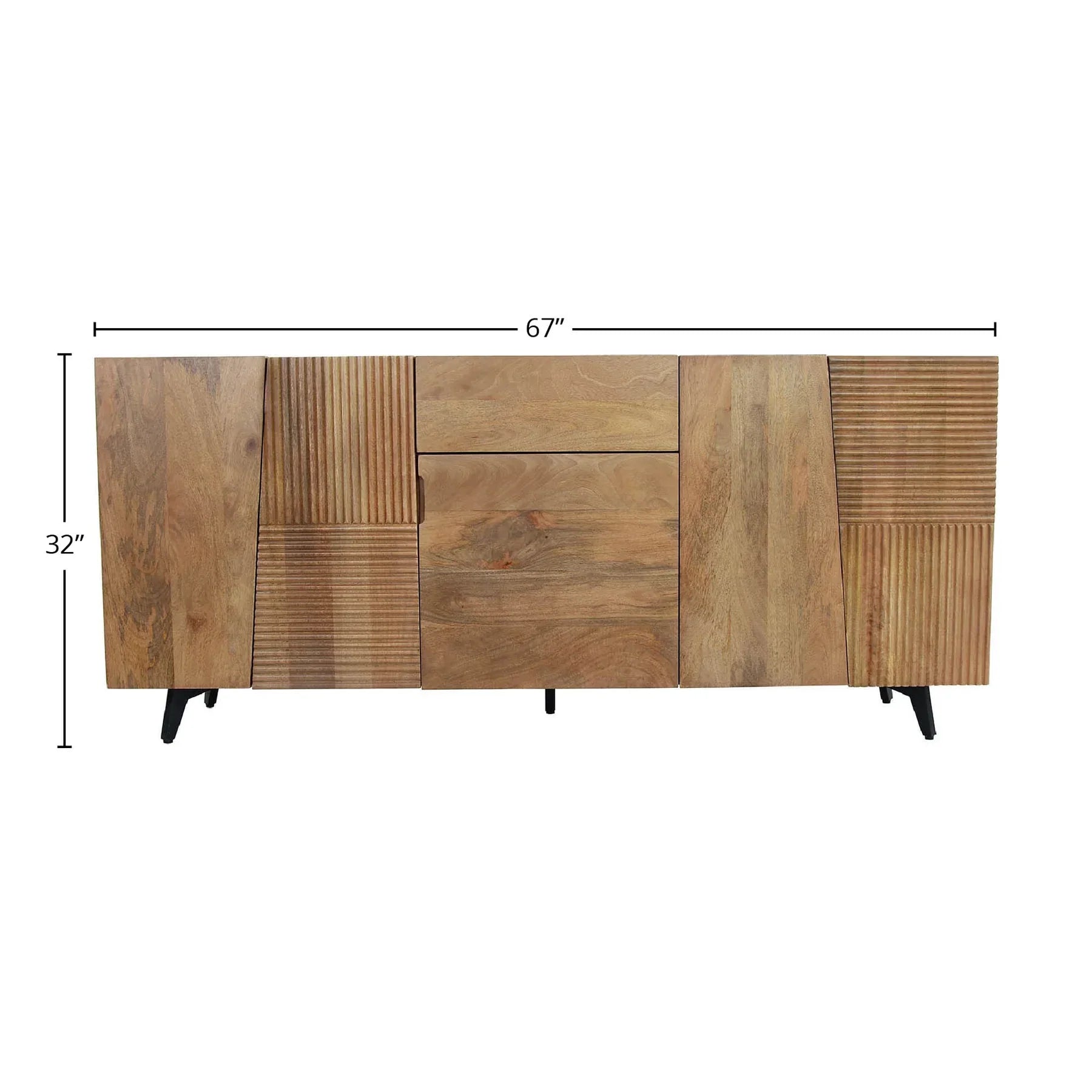 Front view of the Peyton sideboard featuring natural mango wood construction with unique geometric carved door panels and black metal legs