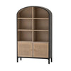 Front perspective view of the Pietro tall cabinet featuring a black arched frame, light oak interior shelving, and natural rattan cabinet doors