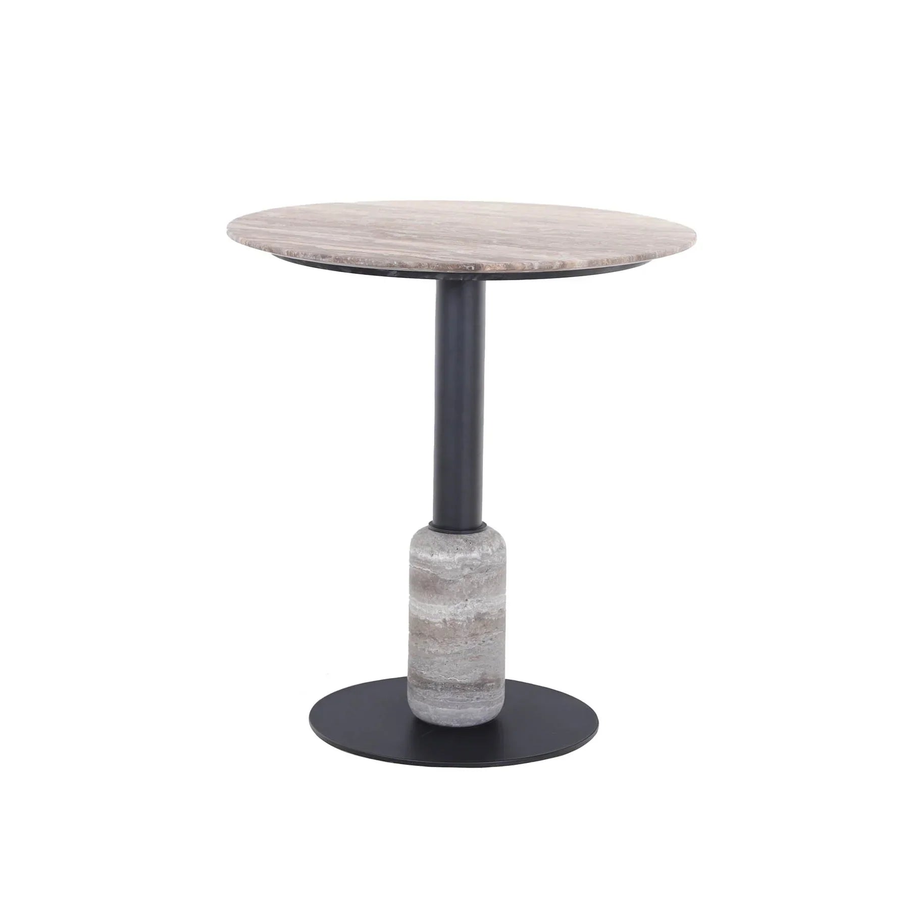 Three-quarter view of the Piper bistro table featuring a circular travertine stone top on a slim black metal pedestal base with a stone accent