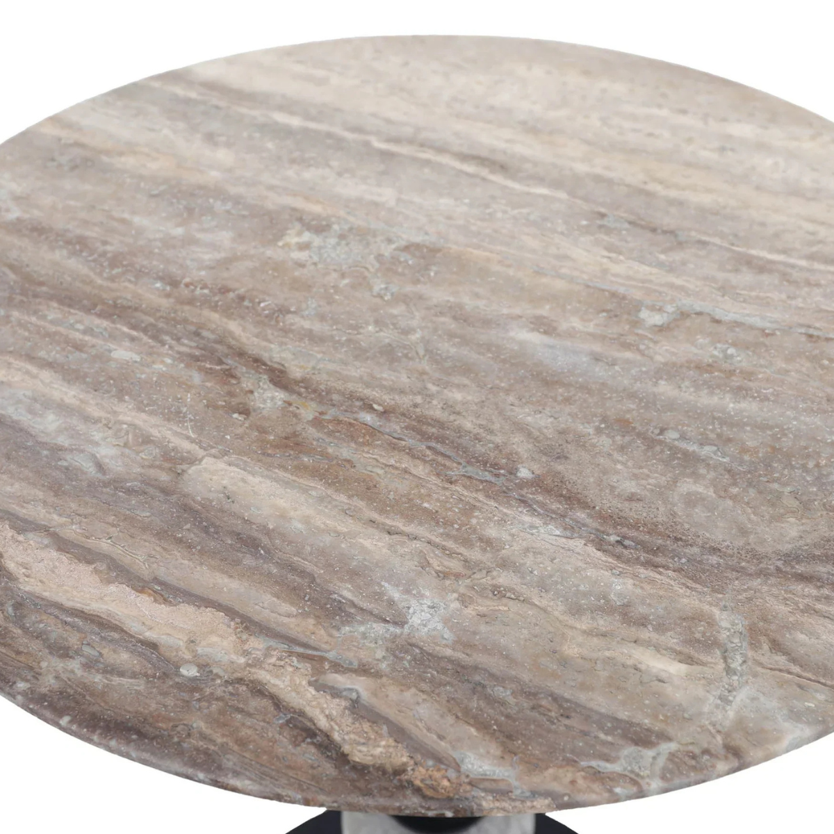 Close-up high-angle view highlighting the unique natural grey and beige mineral veining of the polished travertine tabletop