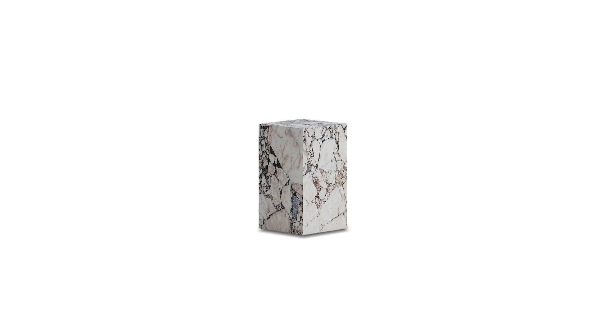 Front view of a tall rectangular plinth end table crafted from Calacatta Viola marble with signature deep purple and burgundy veining