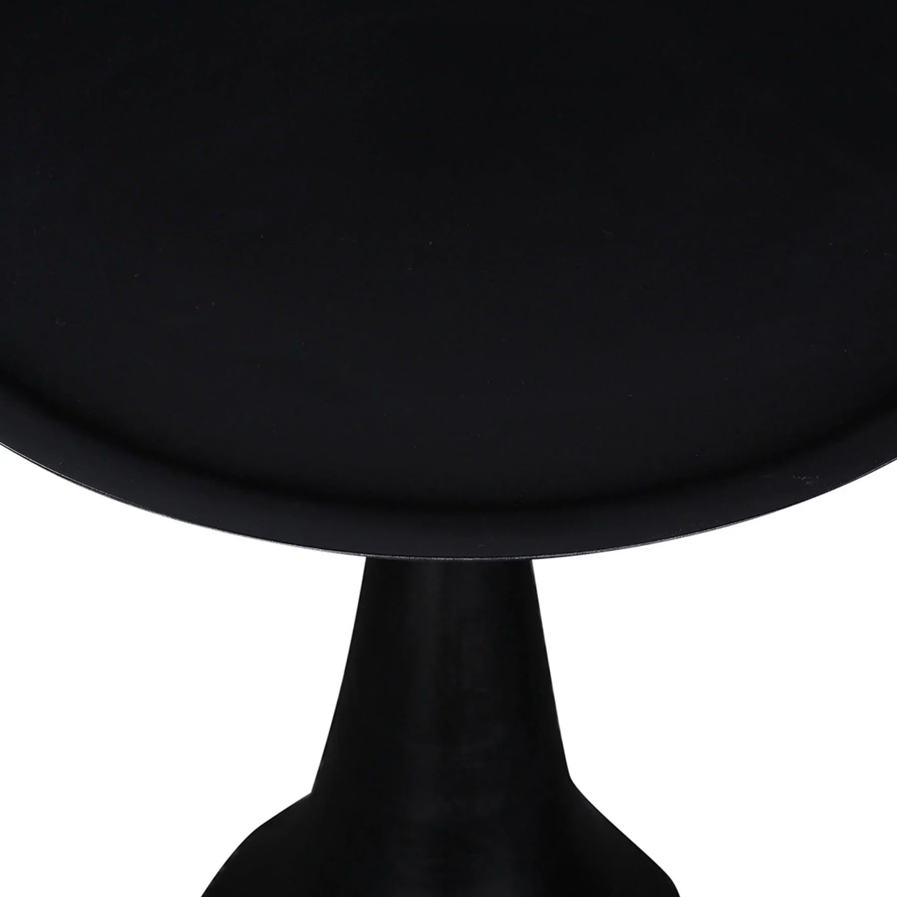 Front view of the Polina side table featuring a sleek hourglass pedestal base and circular top in a matte ebony black finish