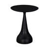 Front view of the Polina side table featuring a sleek hourglass pedestal base and circular top in a matte ebony black finish