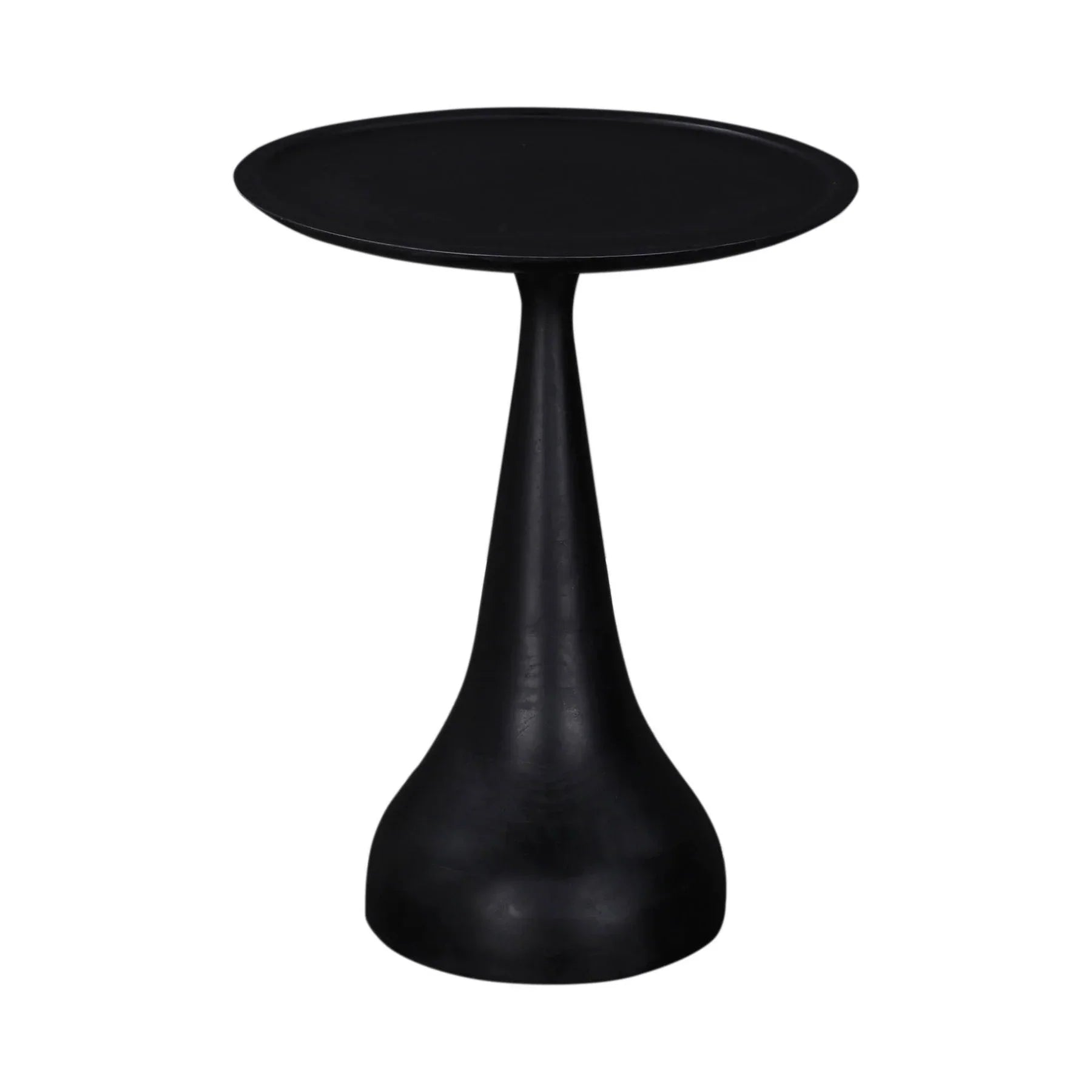 Front view of the Polina side table featuring a sleek hourglass pedestal base and circular top in a matte ebony black finish