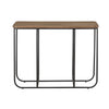 Front view of the Preston console table featuring a rustic wood top and a minimalist black metal wire frame base