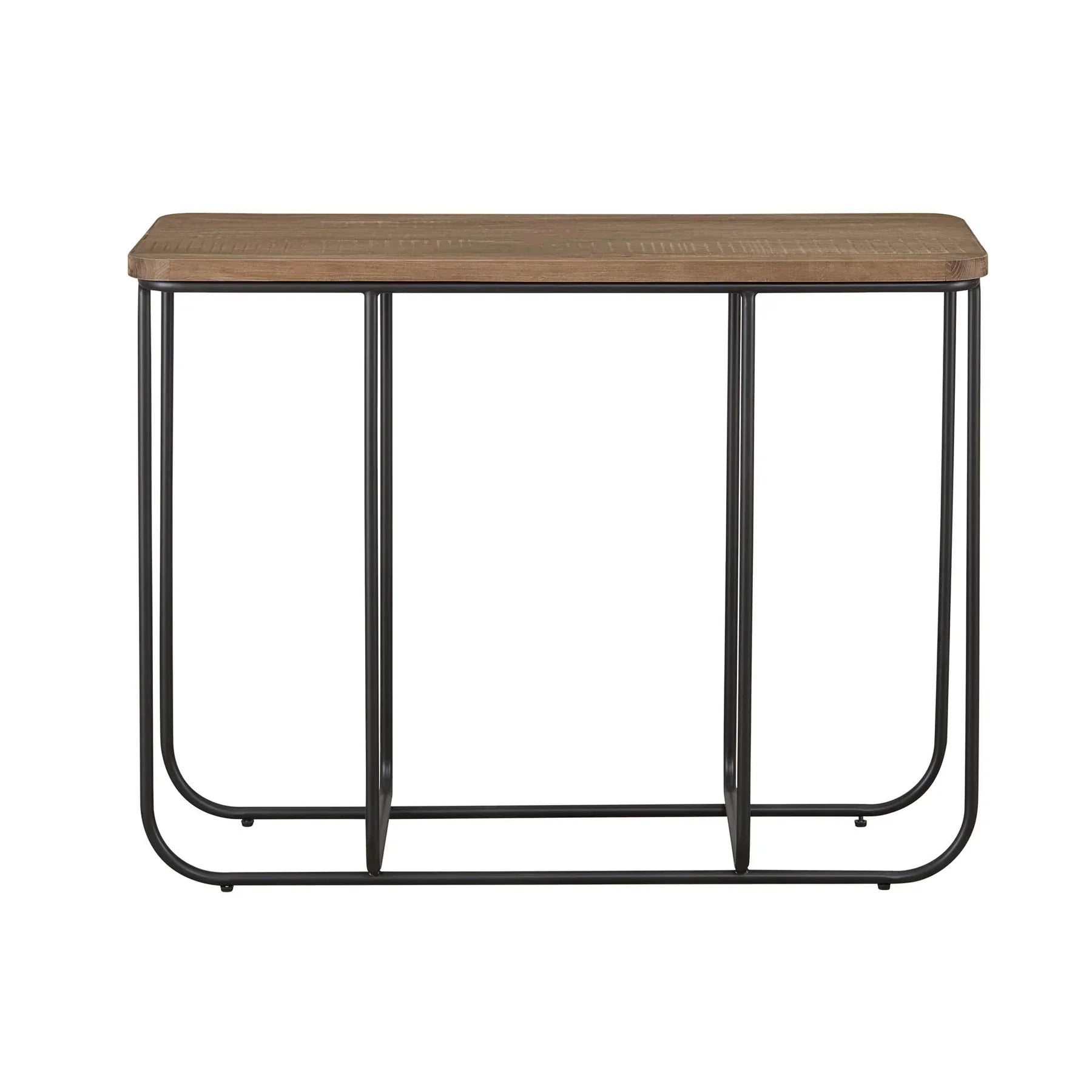 Front view of the Preston console table featuring a rustic wood top and a minimalist black metal wire frame base