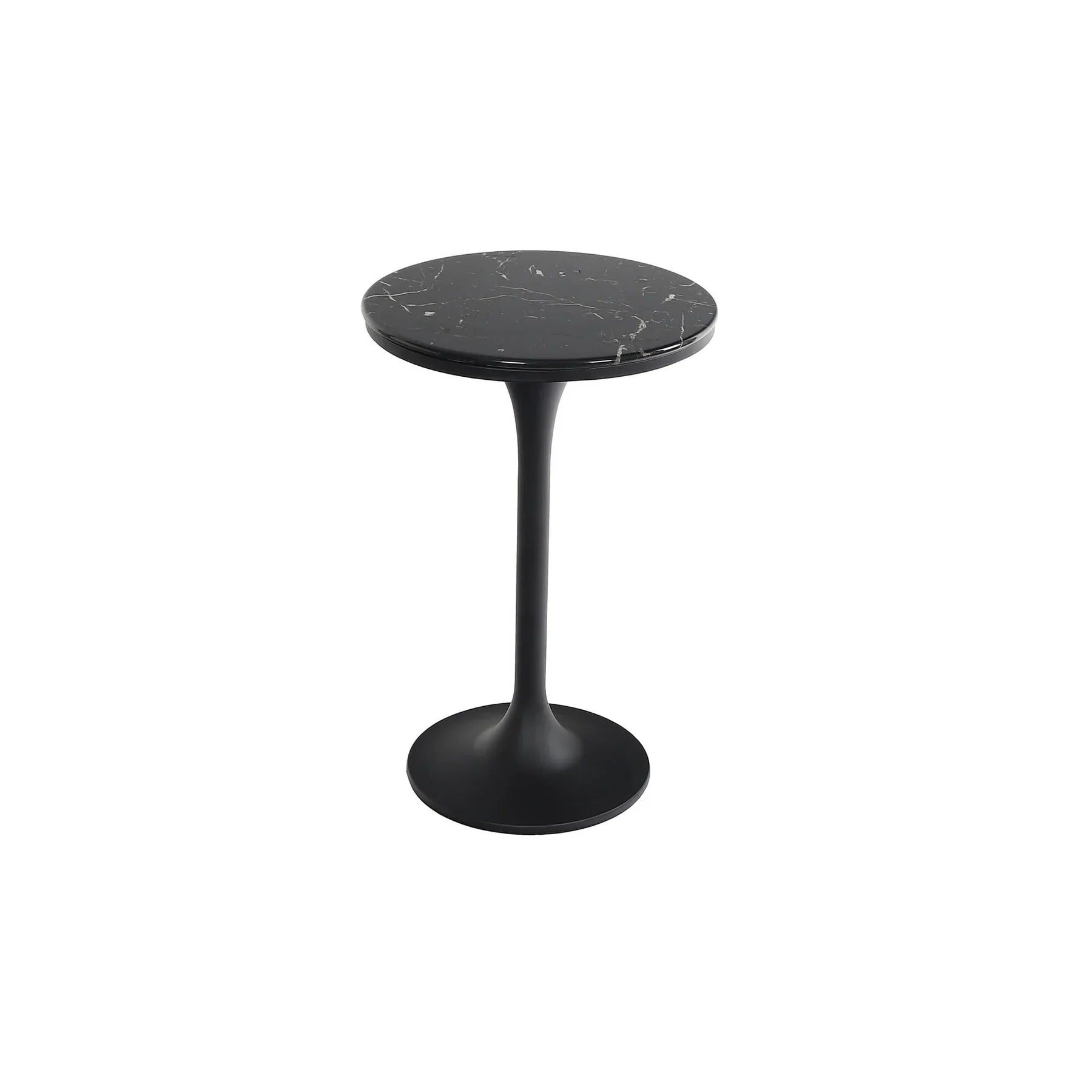 Three-quarter view of the Primo side table featuring a circular black marble top with white veining on a slim black tulip pedestal base