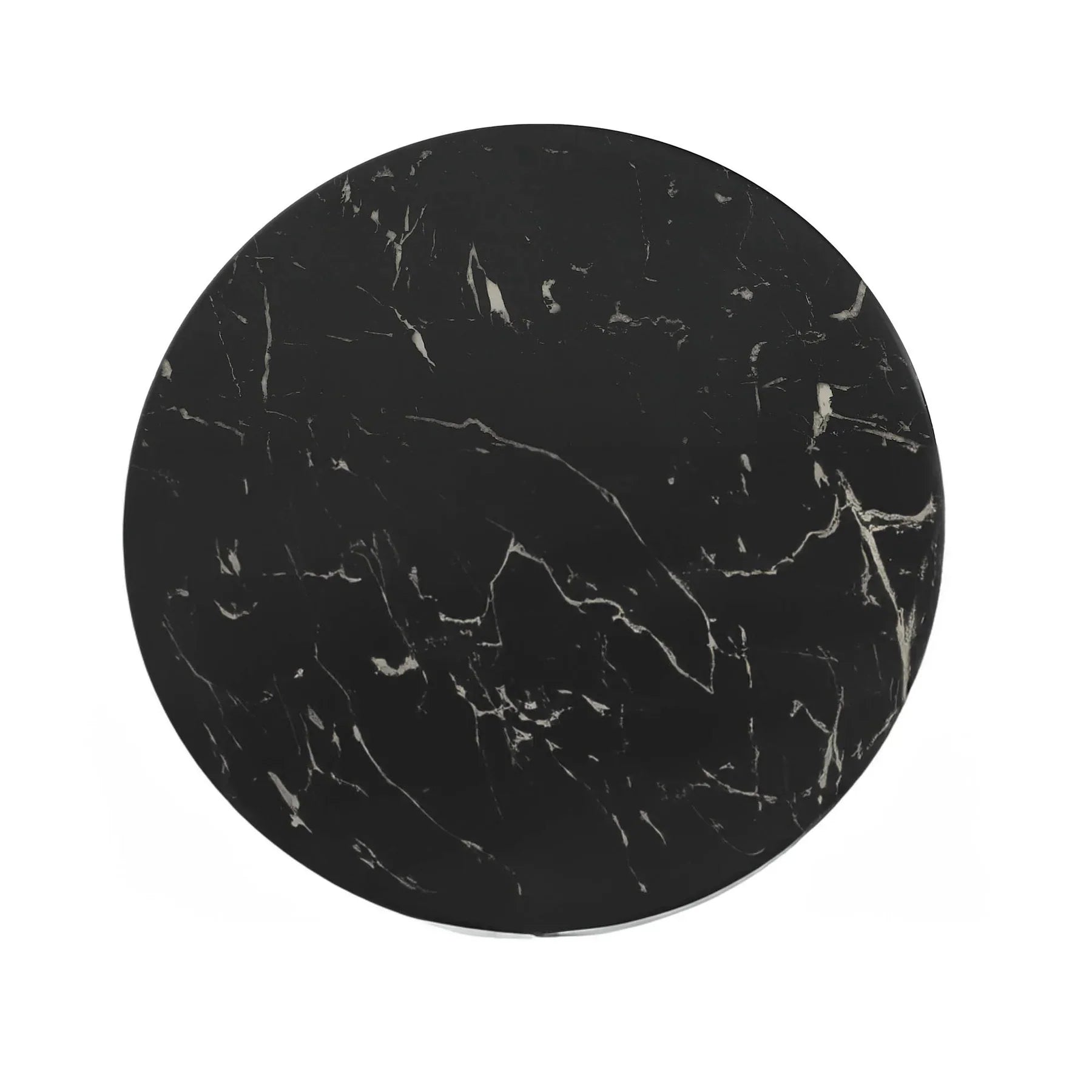 Direct overhead view showcasing the unique natural white mineral veining across the polished black marble circular surface