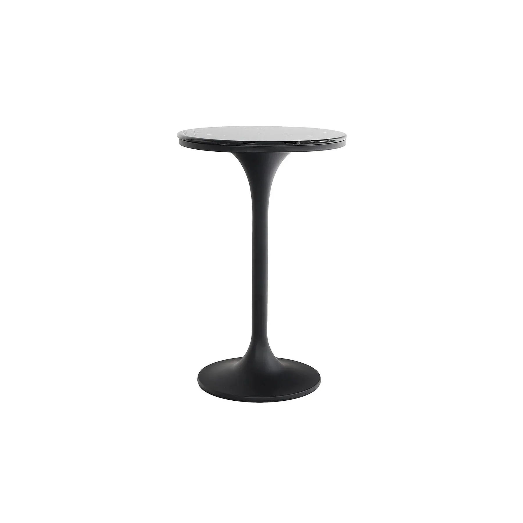Side profile view highlighting the elegant hourglass silhouette and the seamless transition between the metal pedestal and stone top