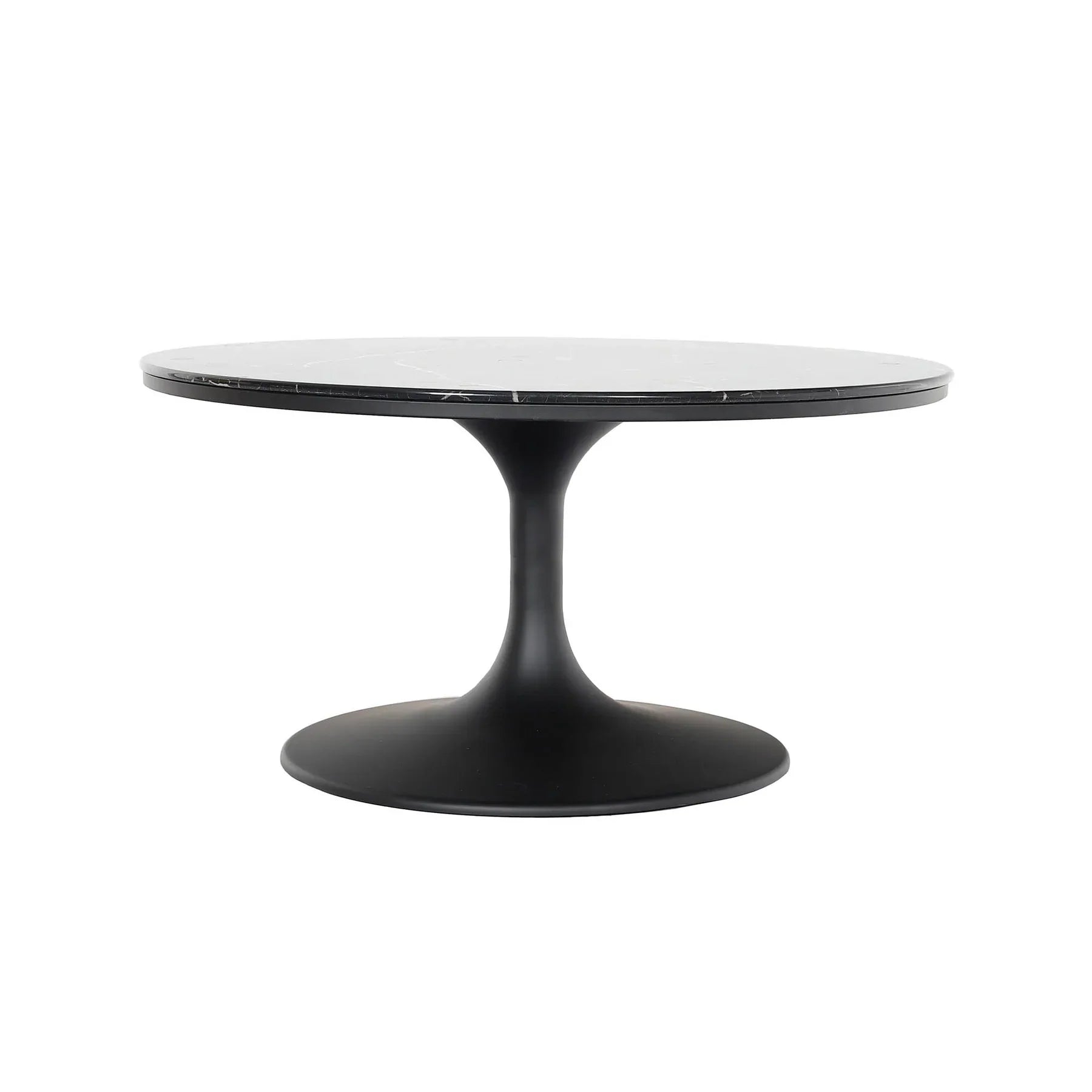 Side profile view highlighting the slender neck and flared silhouette of the black metal tulip base