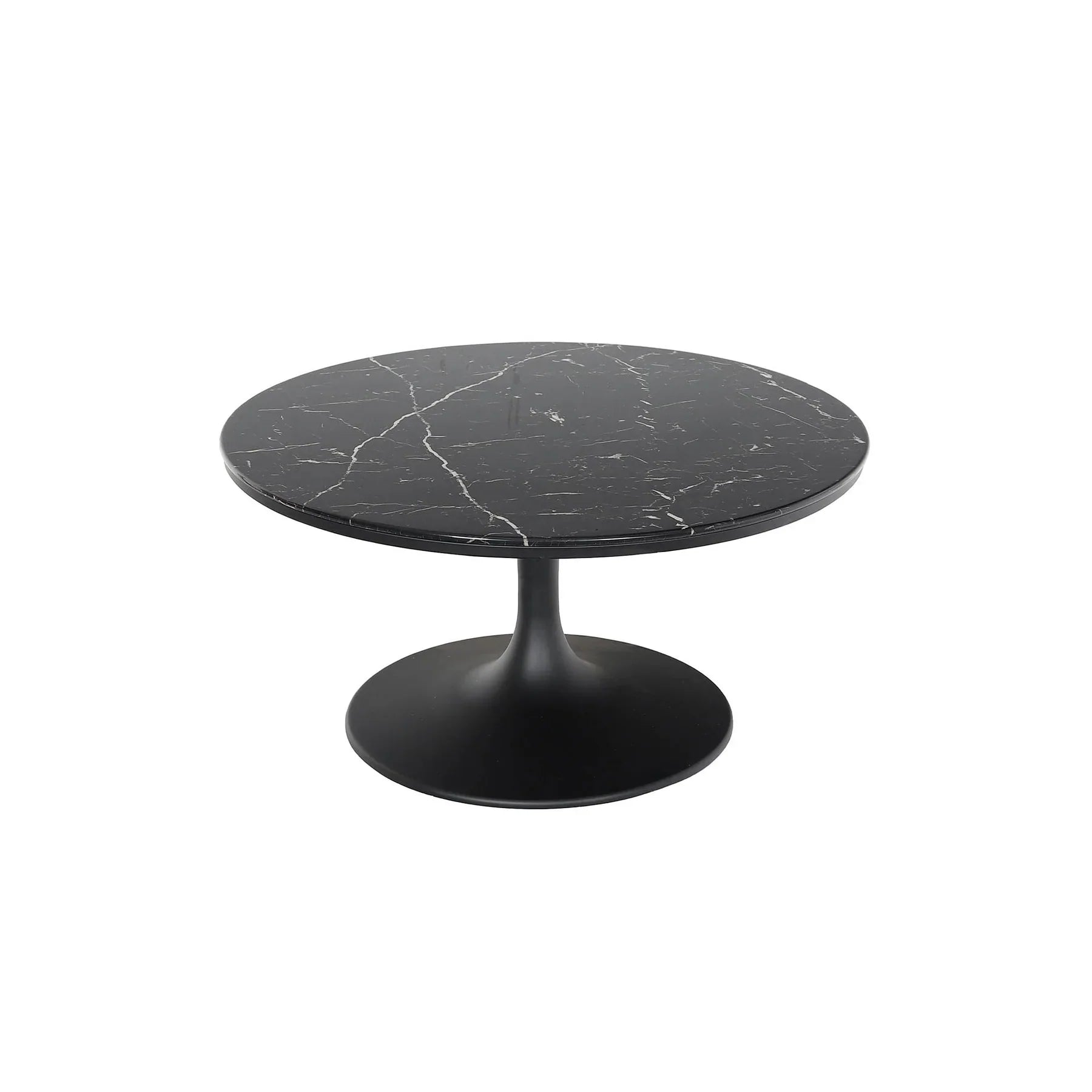 Front view of the Primo coffee table featuring a circular black marble top with white veining and a black metal tulip pedestal base