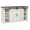 Three-quarter perspective view of the Provence storage chest highlighting the rustic wood top and white barn door detailing
