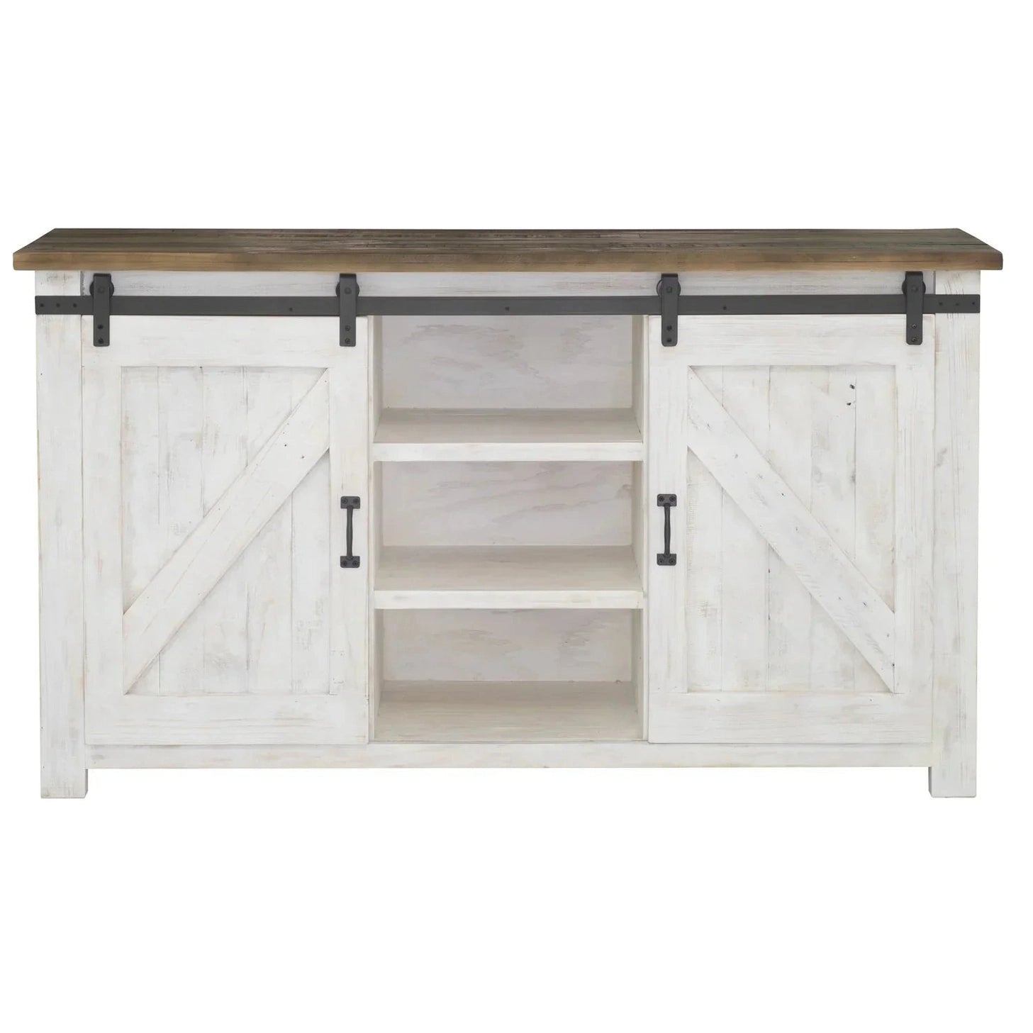 Front view of the Provence 3-drawer dresser in a distressed white finish featuring a signature sliding barn door and dark industrial iron hardware