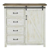 Front view of the Provence 4-drawer chest in a distressed white finish featuring a sliding barn door and dark industrial hardware