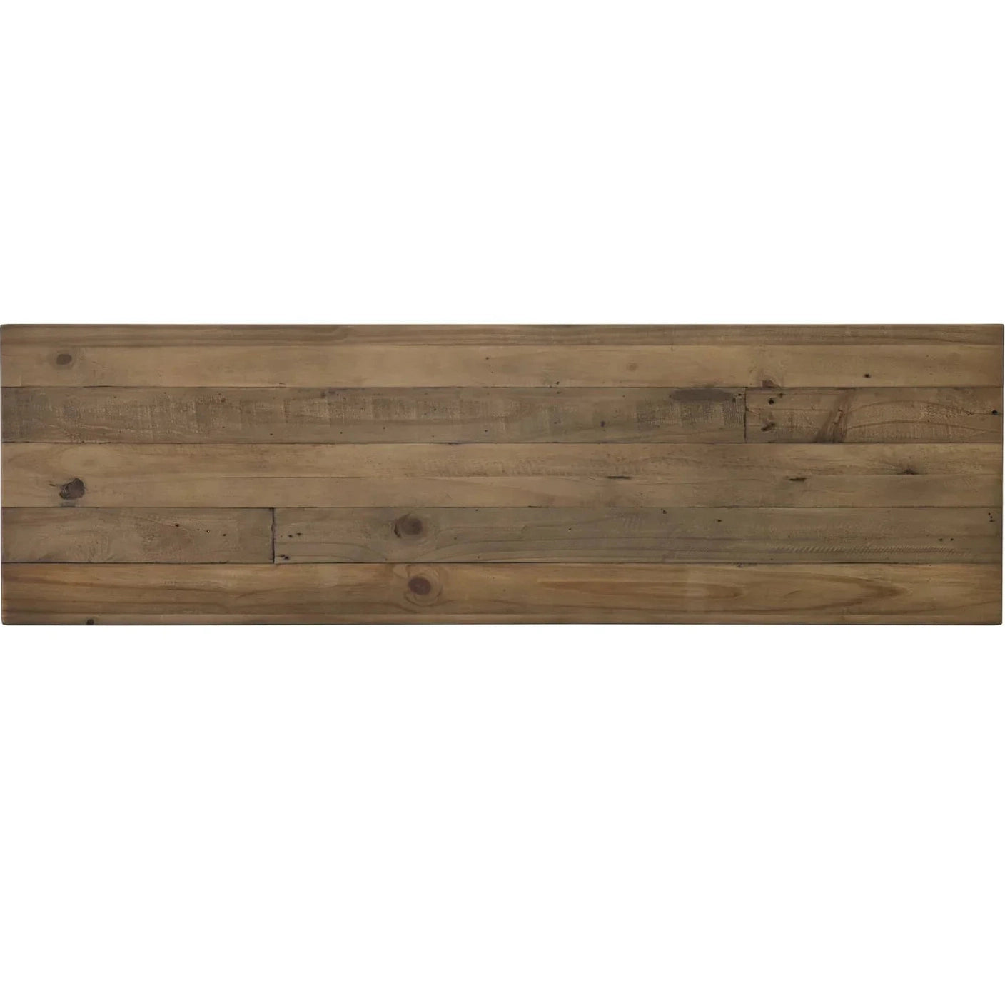 Front view of the Provence bench featuring a distressed white base and a solid natural wood plank top