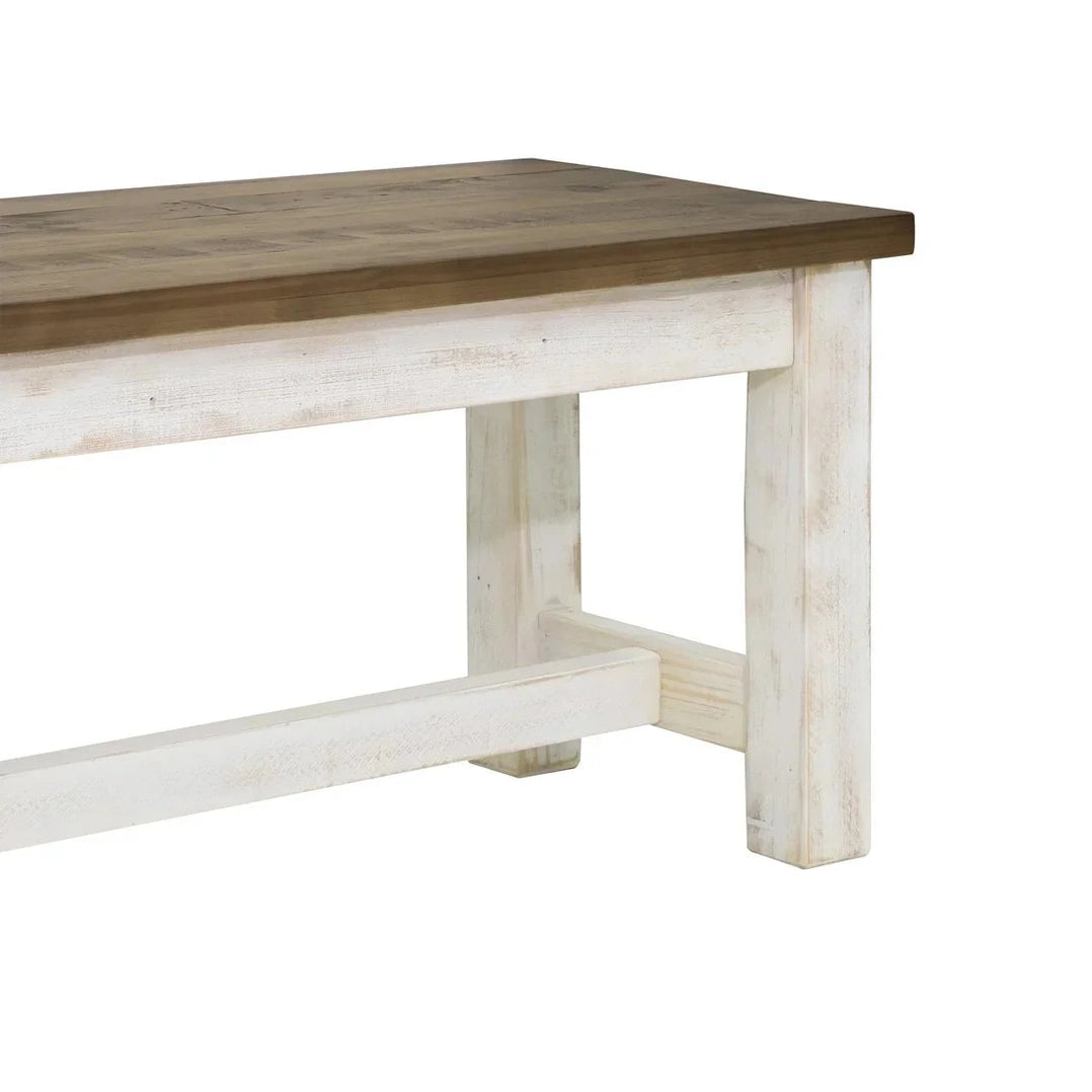 Front view of the Provence bench featuring a distressed white base and a solid natural wood plank top