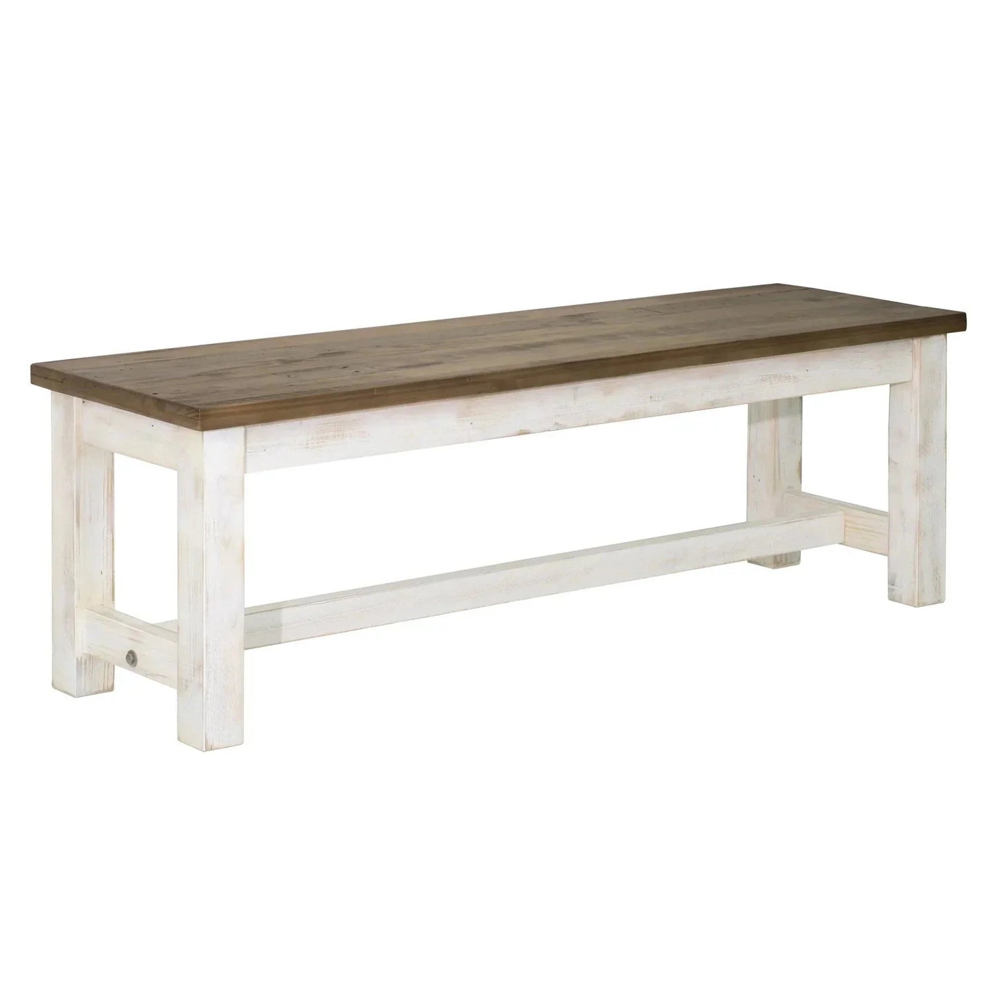 Front view of the Provence bench featuring a distressed white base and a solid natural wood plank top