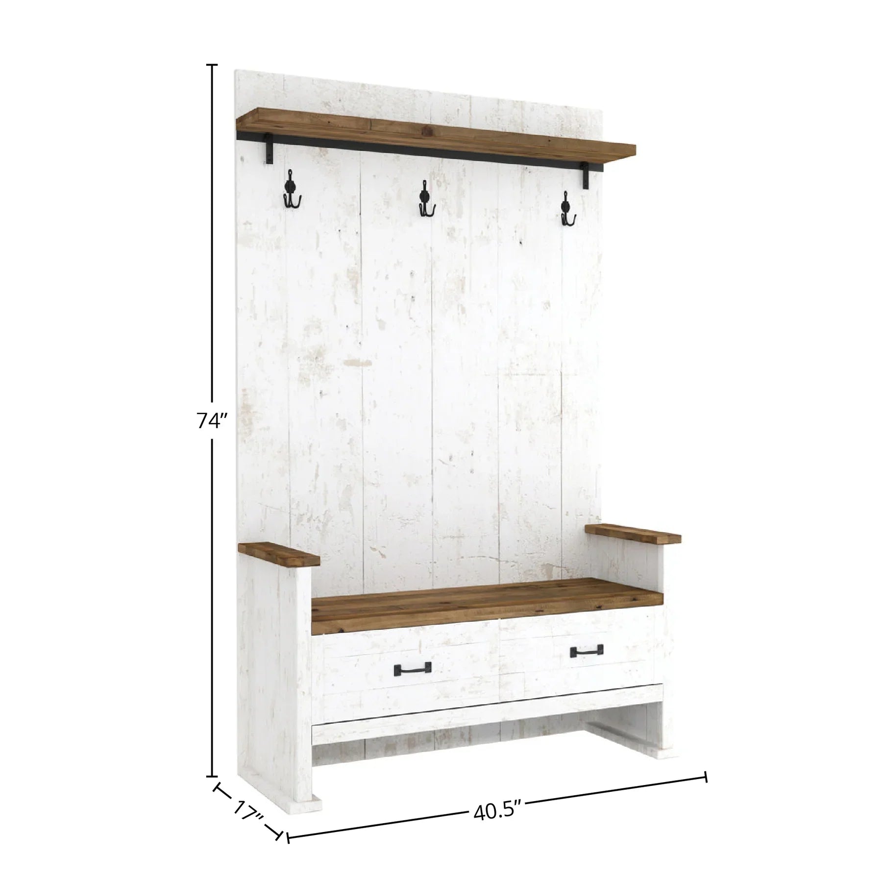 Front view of the Provence hall bench featuring a white-wash wood finish, natural wood seat, and integrated coat hooks
