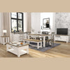 Lifestyle image of the Provence bench in a bright modern dining space styled with neutral decor and gray rugs