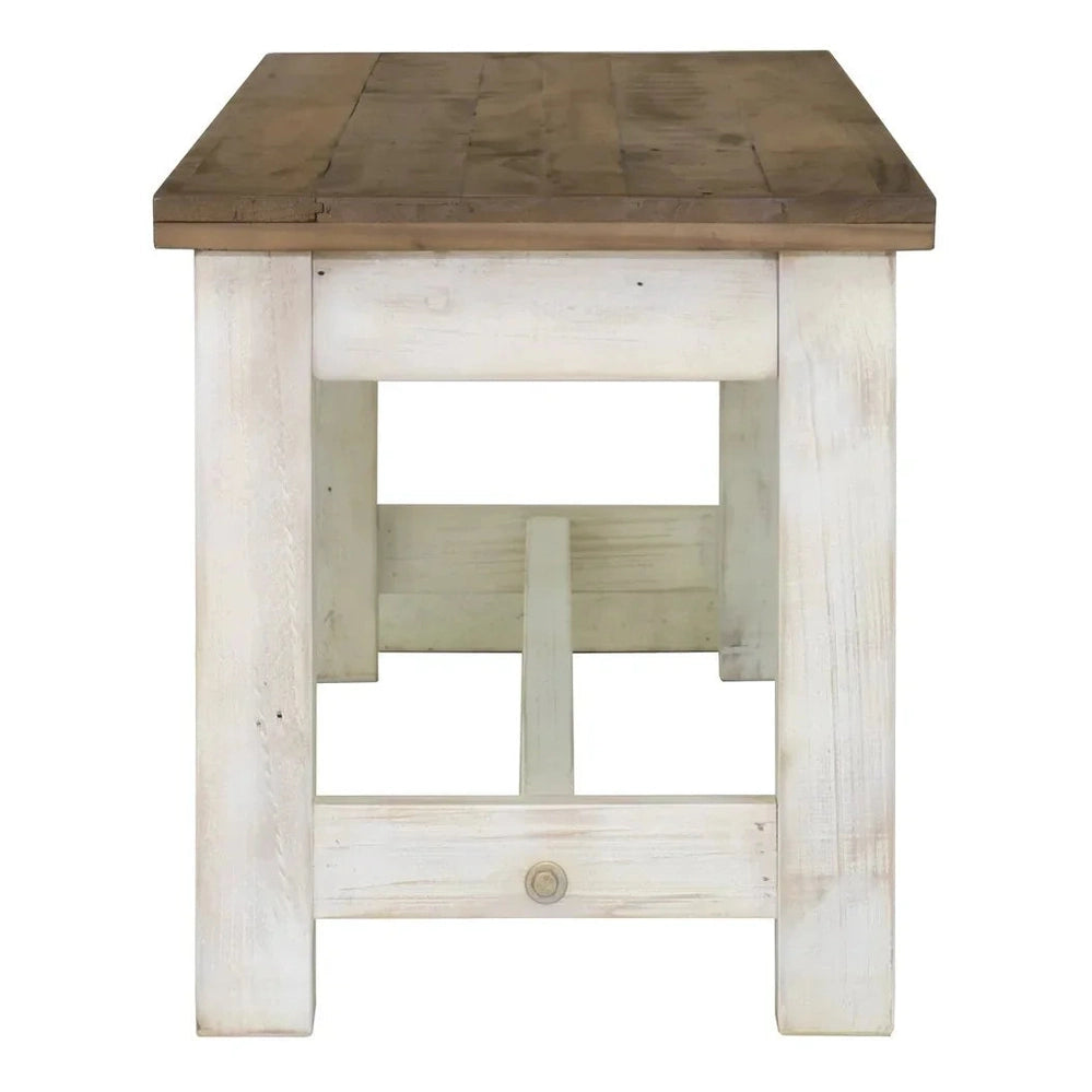 Front view of the Provence bench featuring a distressed white base and a solid natural wood plank top