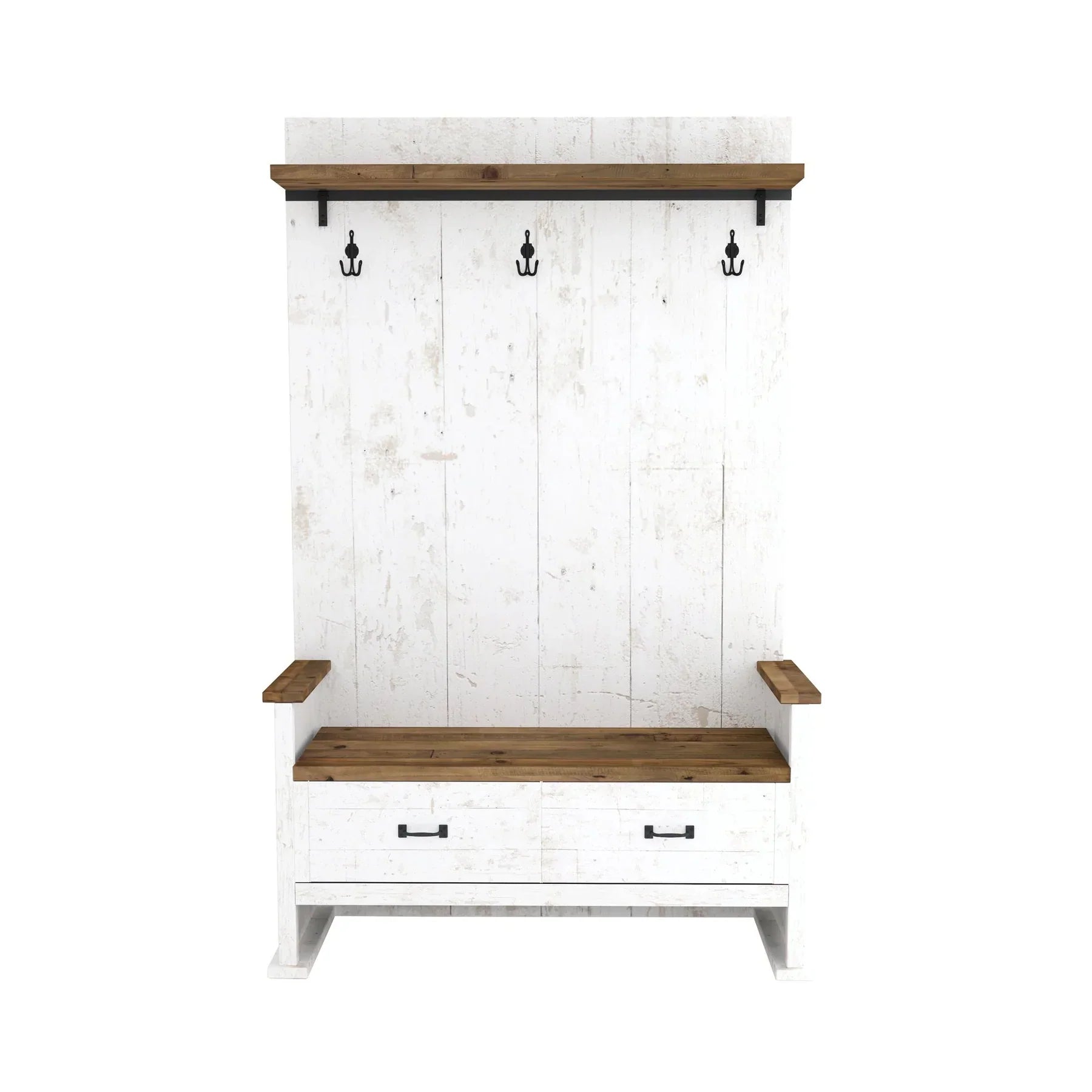 Front view of the Provence hall bench featuring a white-wash wood finish, natural wood seat, and integrated coat hooks