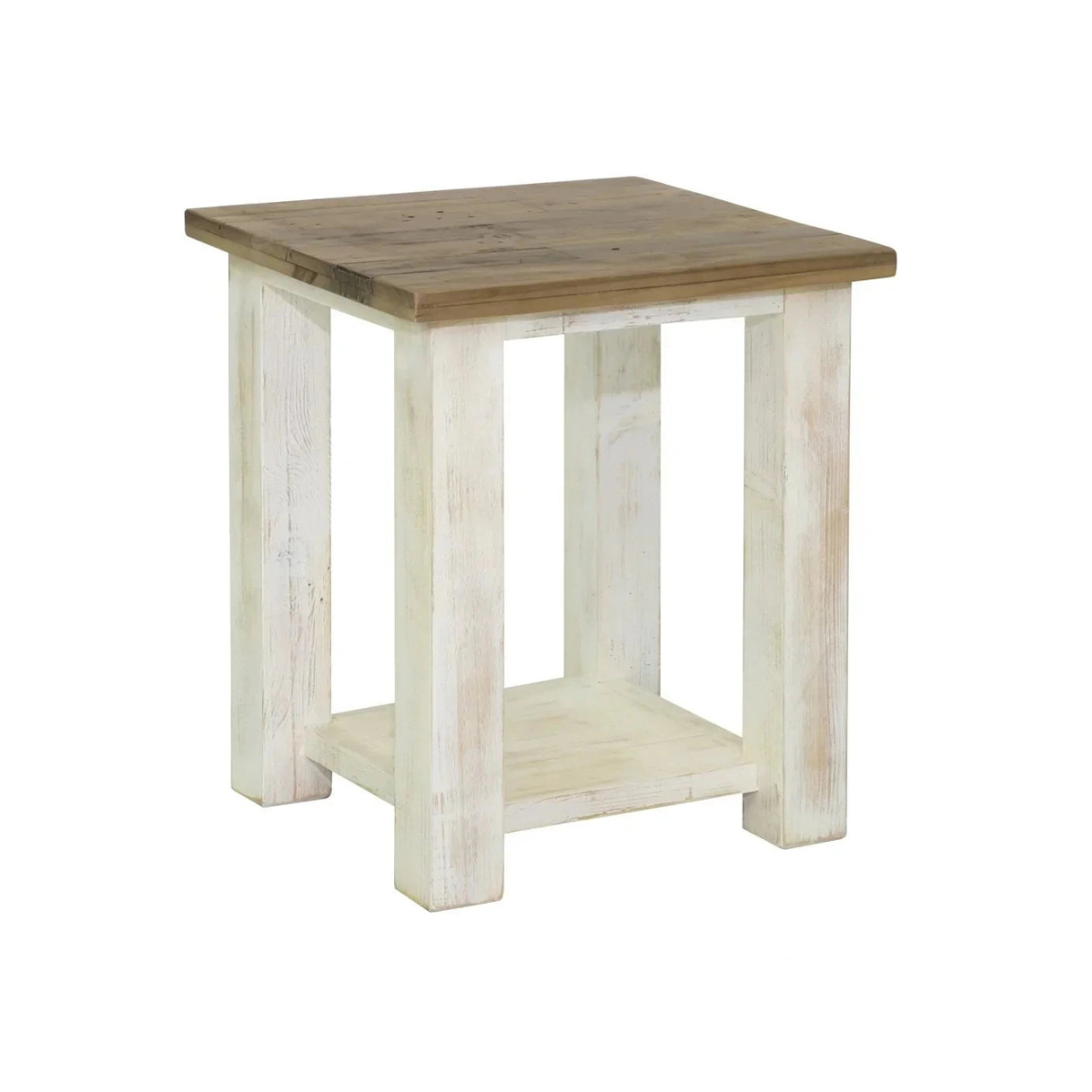 Three-quarter perspective highlighting the thick block legs and the functional lower storage shelf in a distressed white finish