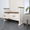 Close-up perspective showing one drawer of the Provence hall bench pulled open to demonstrate functional storage space