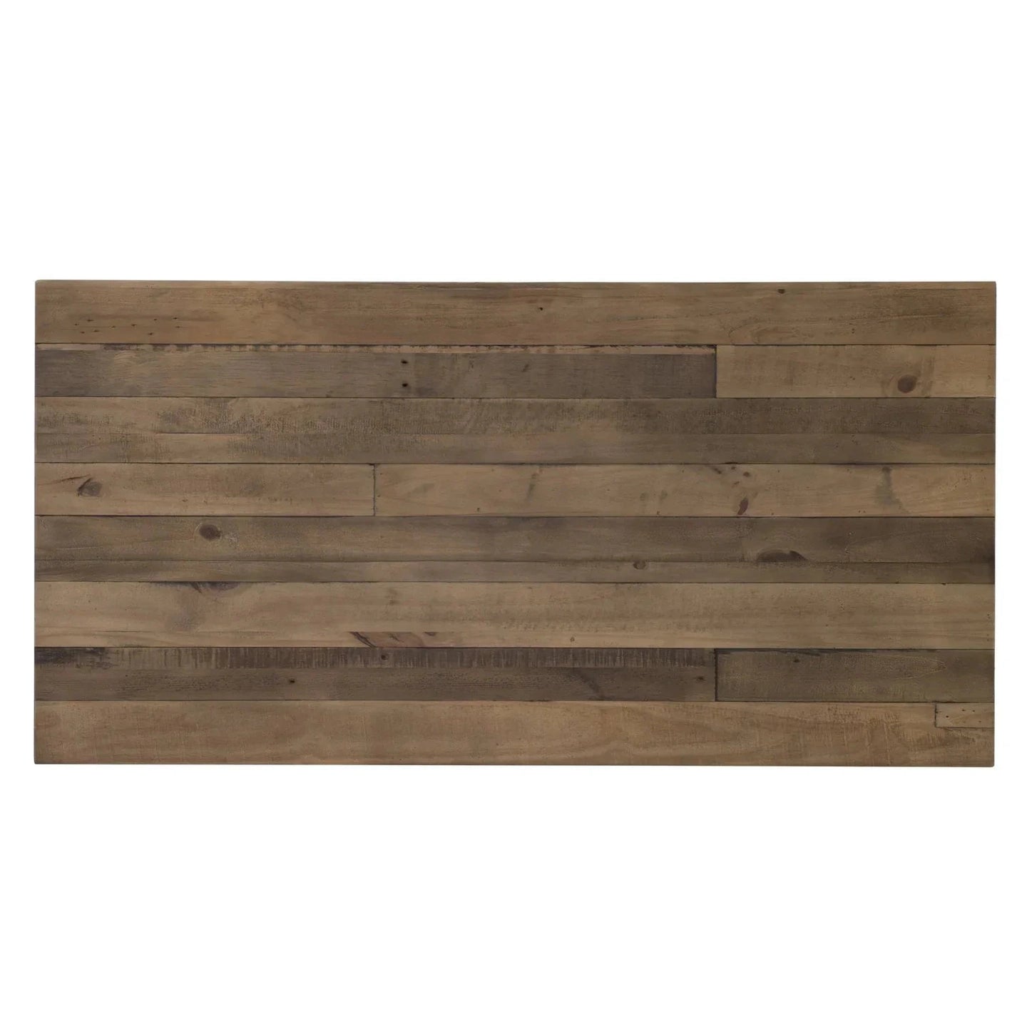 Overhead shot showcasing the multi-tonal wood planks and natural grain of the rectangular tabletop