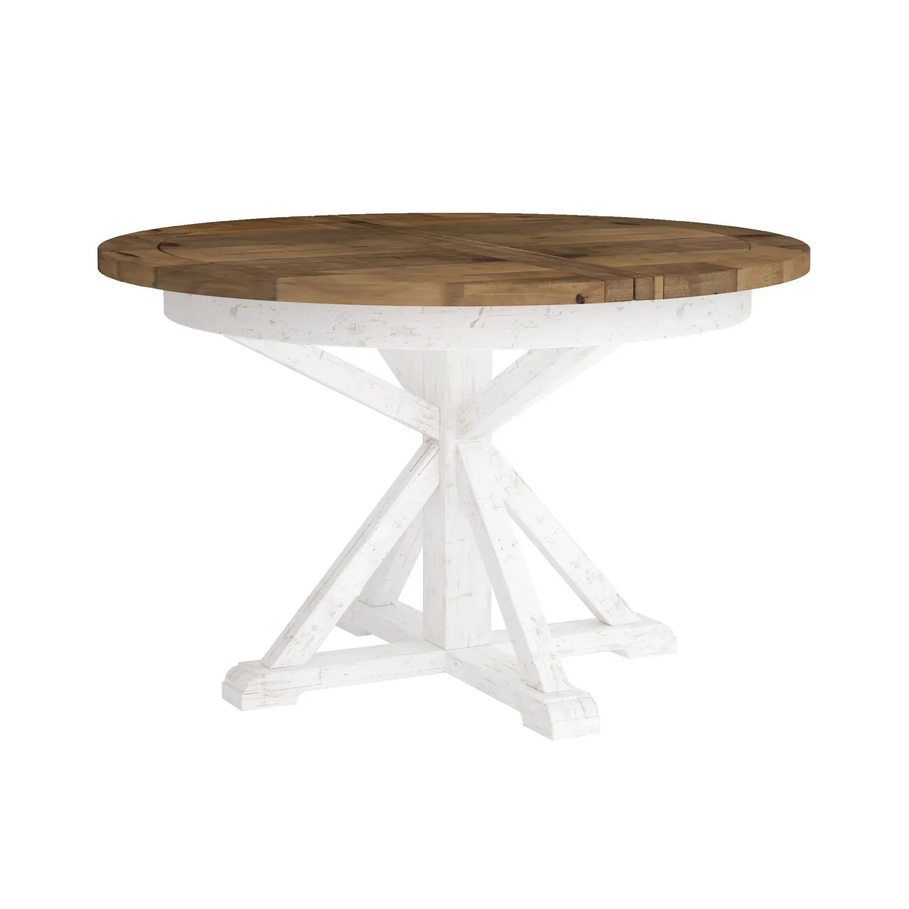 Front view of the Provence round extension dining table featuring a natural wood tabletop and a white-washed fluted pedestal base