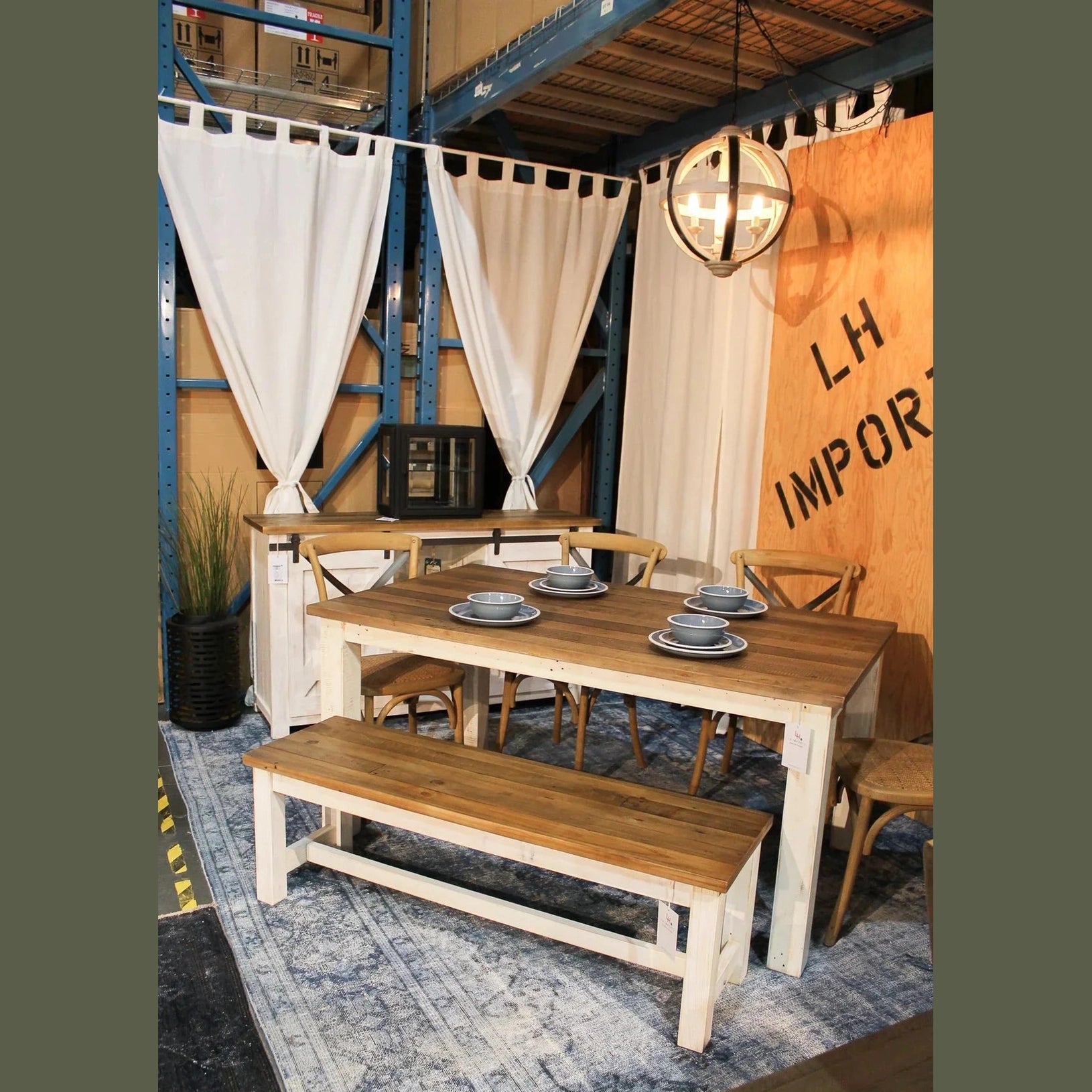 Front view of the Provence bench featuring a distressed white base and a solid natural wood plank top