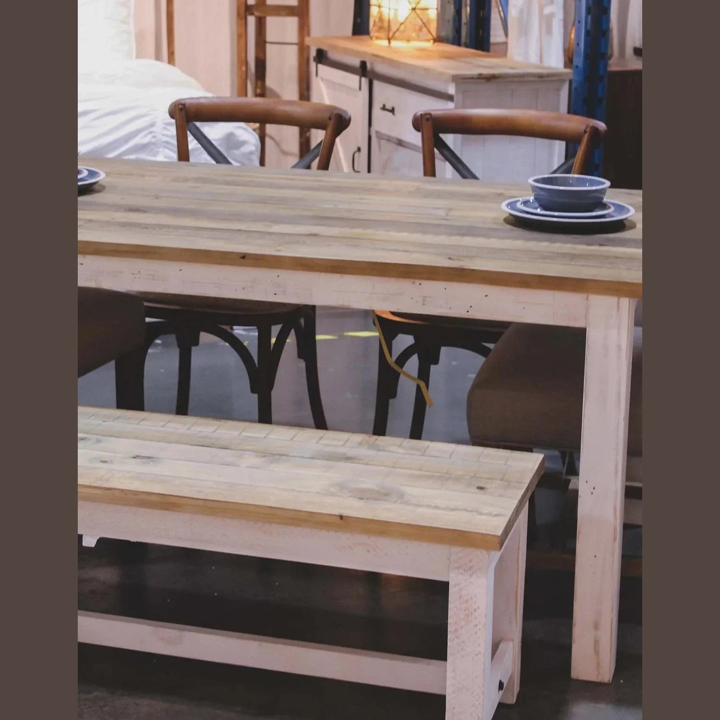 Front view of the Provence bench featuring a distressed white base and a solid natural wood plank top
