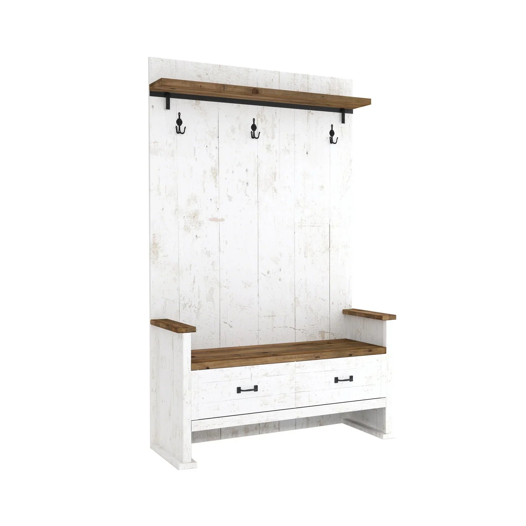 Front view of the Provence hall bench featuring a white-wash wood finish, natural wood seat, and integrated coat hooks