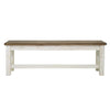 Front view of the Provence bench featuring a distressed white base and a solid natural wood plank top