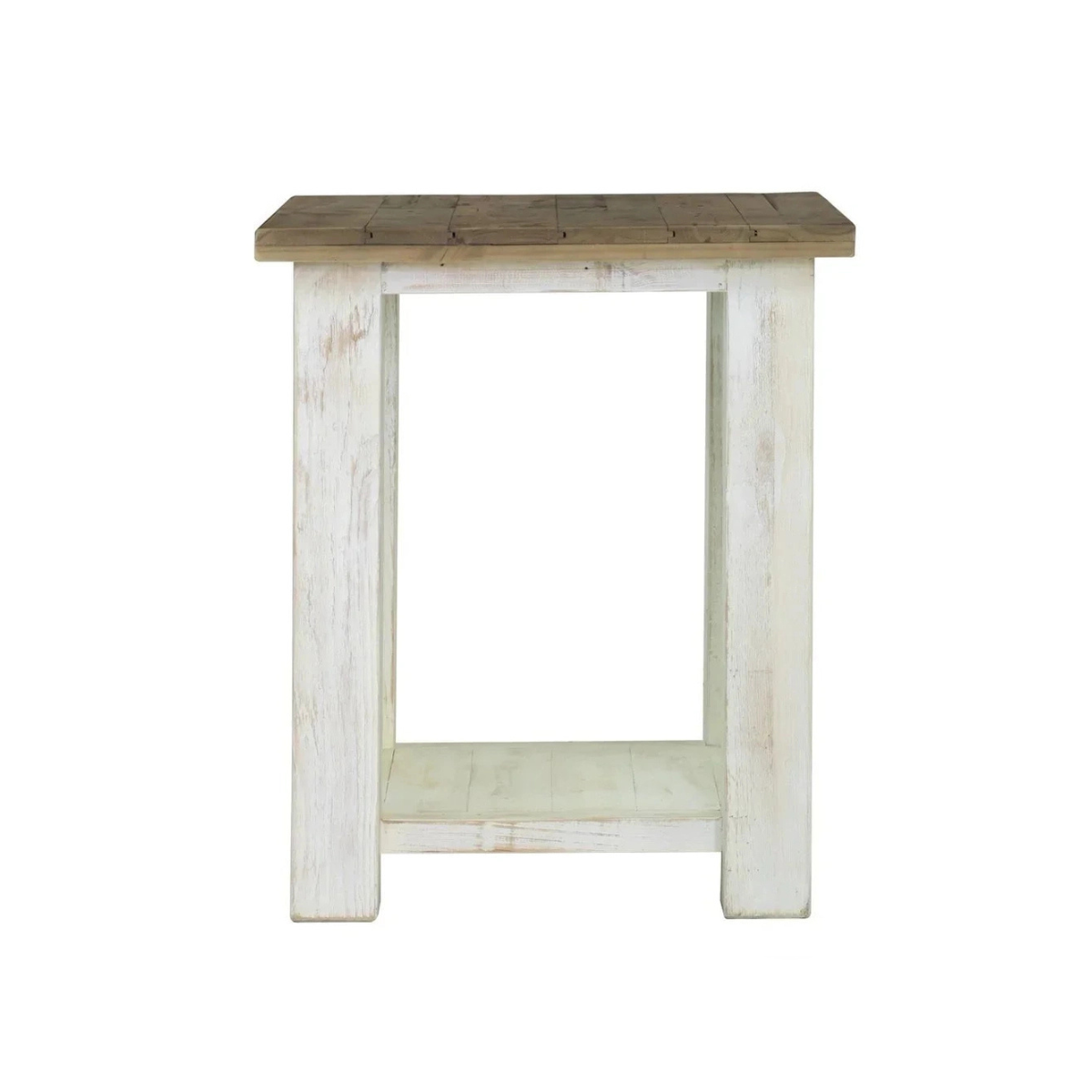 Front view of the Provence side table featuring a dark walnut finished wood top and a distressed white wash rectangular base