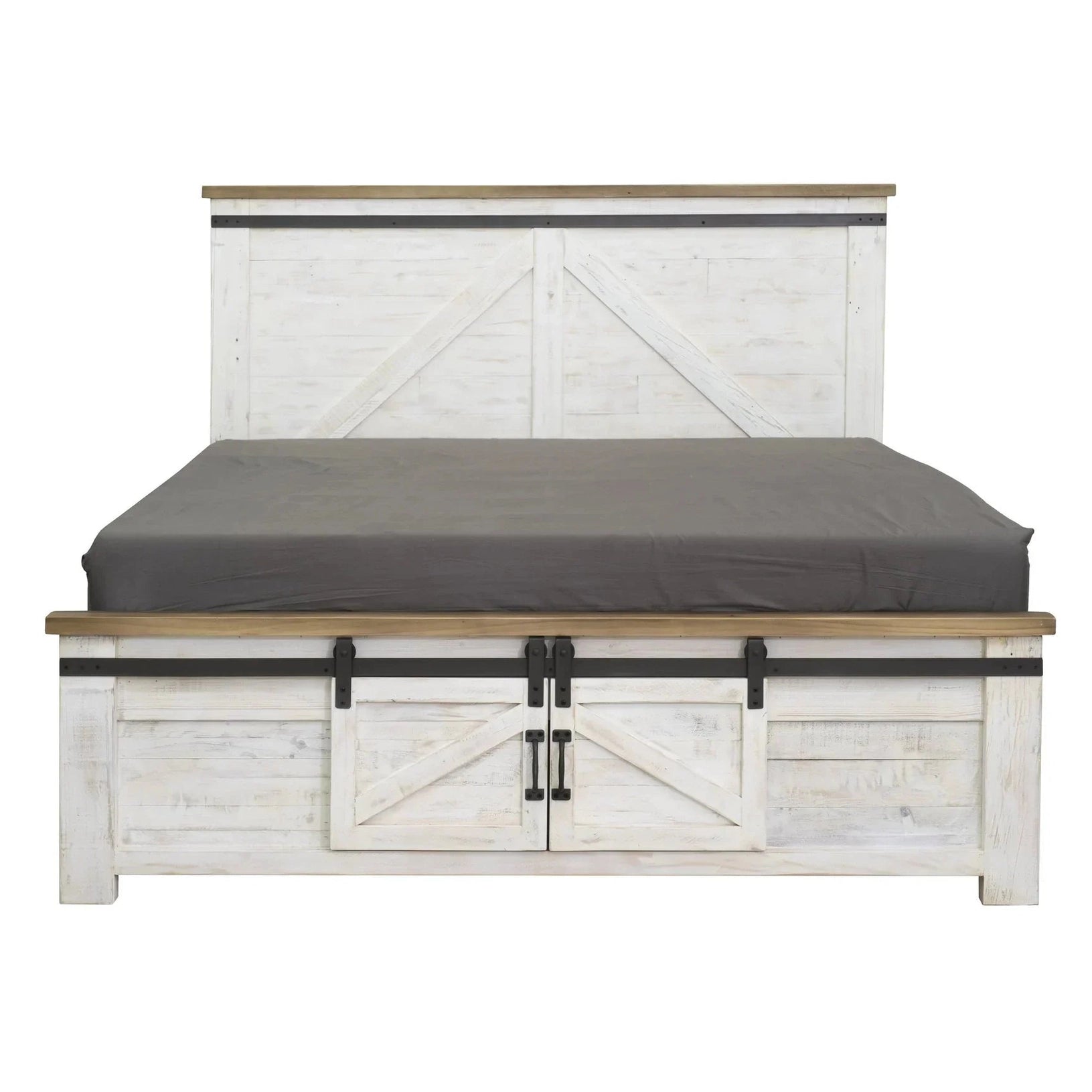 Front view of the Provence storage bed featuring a distressed white wood finish and a sliding barn door footboard design