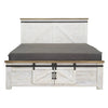 Front view of the Provence storage bed featuring a distressed white wood finish and a sliding barn door footboard design