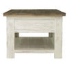 Side view highlighting the chunky block legs and the open lower storage shelf for baskets or books