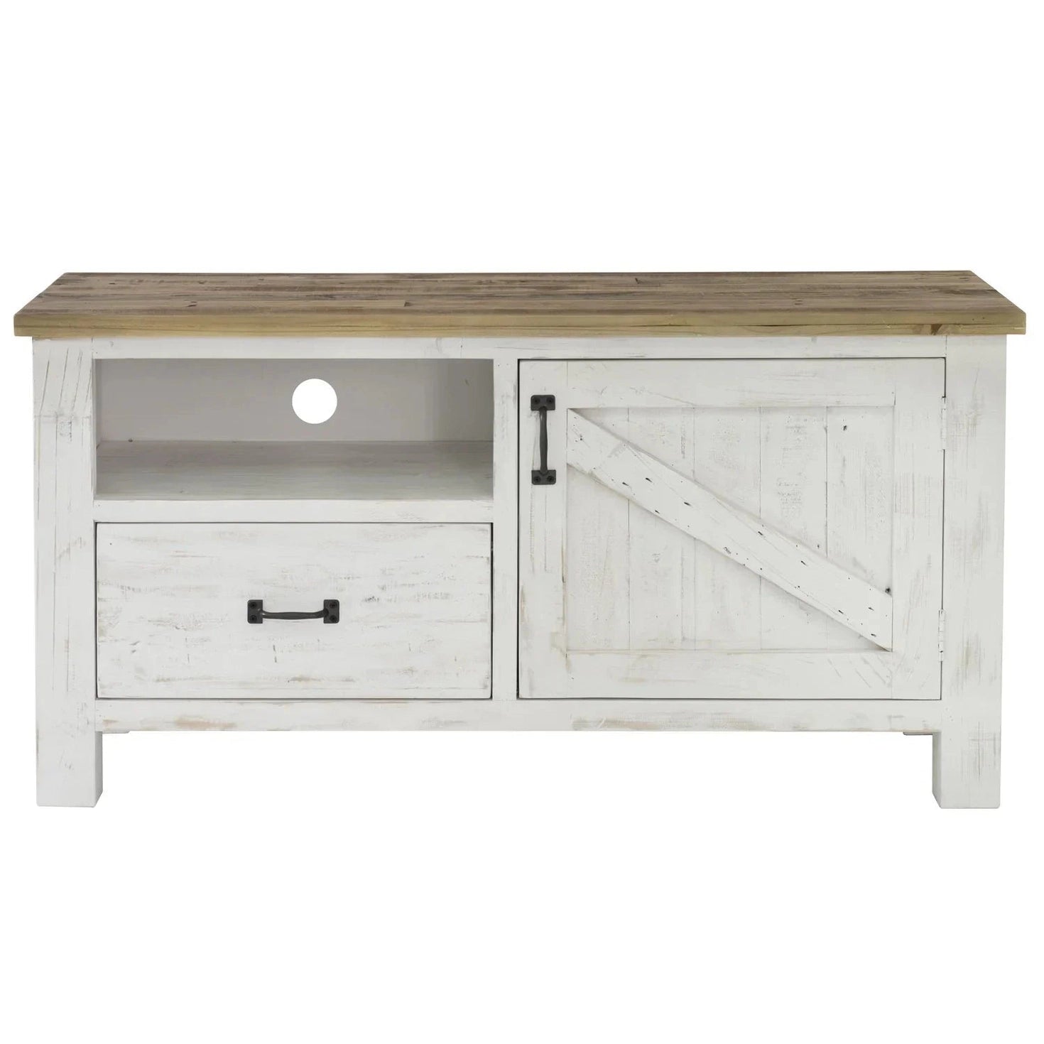 Front view of the Provence small media unit featuring a distressed white finish, a natural wood top, and a sliding barn door with black hardware