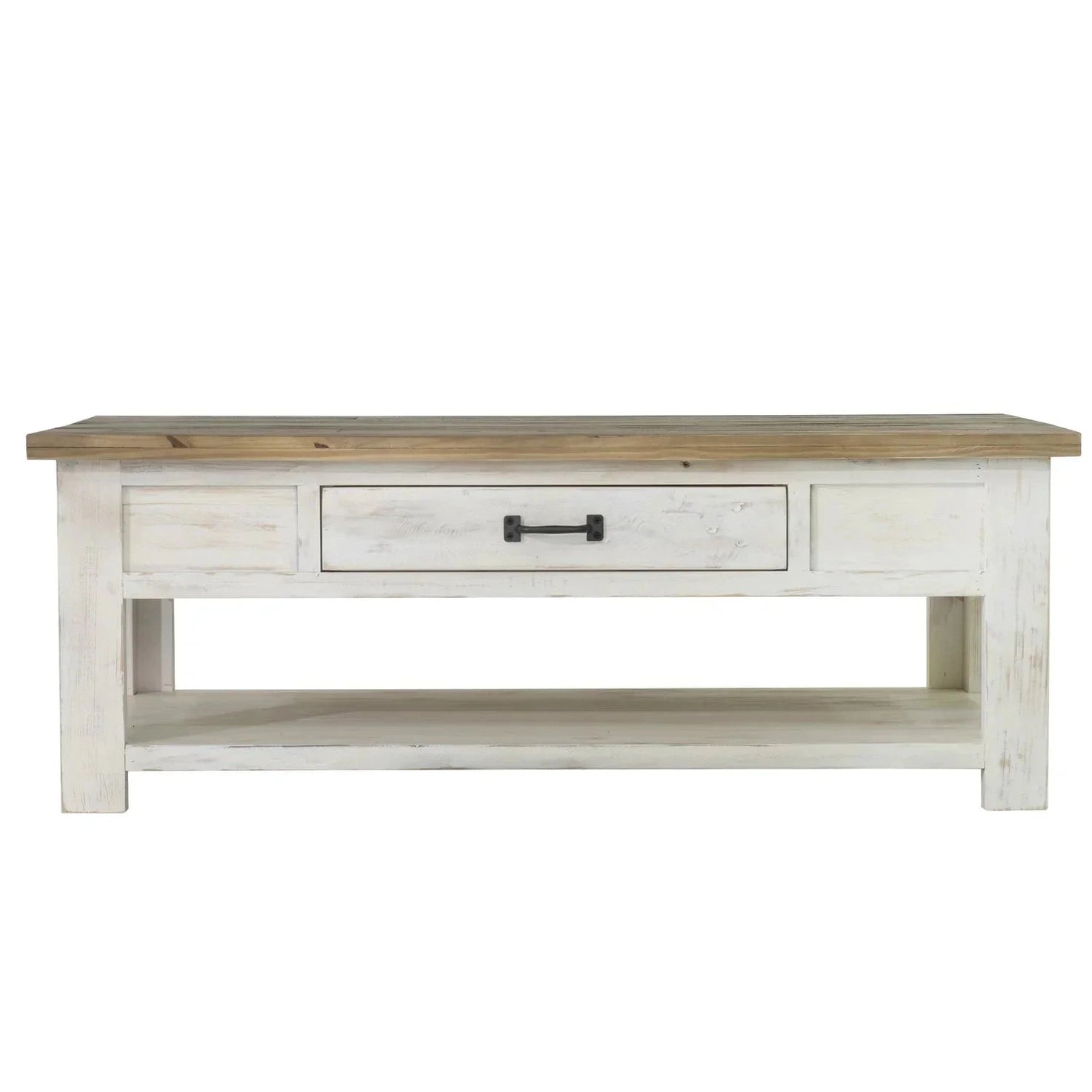 Front view of the Provence coffee table featuring a distressed white finish and a contrasting natural wood tabletop