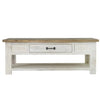 Front view of the Provence coffee table featuring a distressed white finish and a contrasting natural wood tabletop