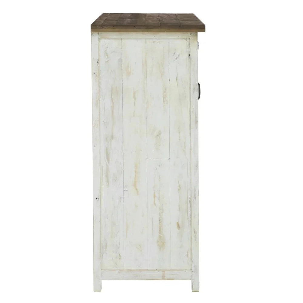 Side profile view emphasizing the clean vertical lines and consistent distressed white finish of the storage cabinet