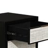 Perspective view with the top drawer open revealing a spacious black wood interior with smooth-glide metal tracks