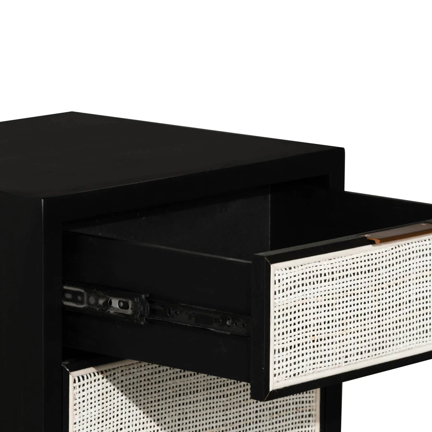 Straight-on front view highlighting the symmetrical black frame and the organic texture of the light-toned rattan drawer inserts