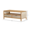 Product shot of the rattan coffee table with dimensional markers for height, width, and depth